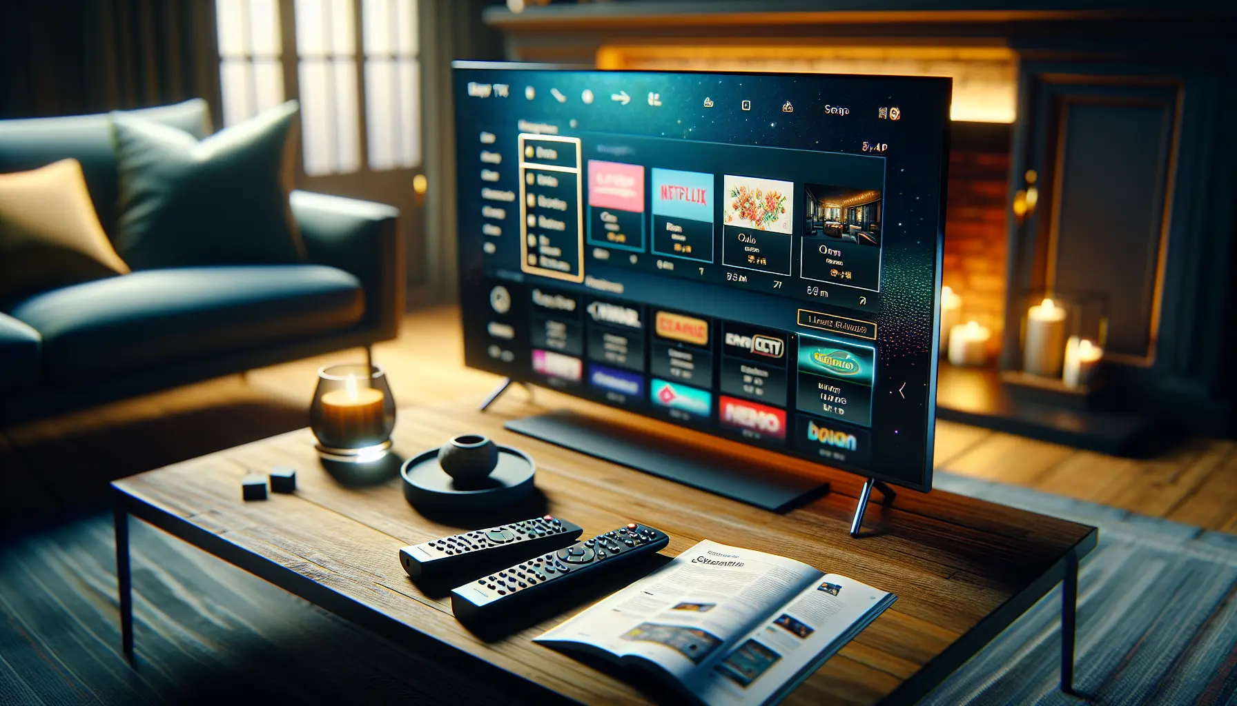 Modern TV setup with IPTV interface, remote, and setup guide in a cozy living room.