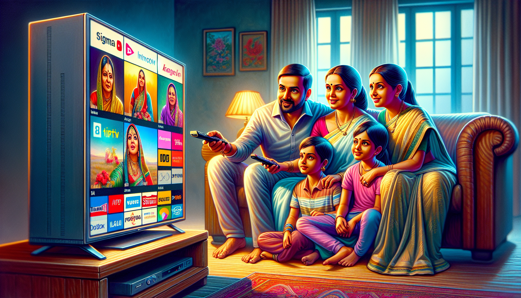 alt_text: Indian family watching TV with regional language channels and IPTV options in a cozy living room.