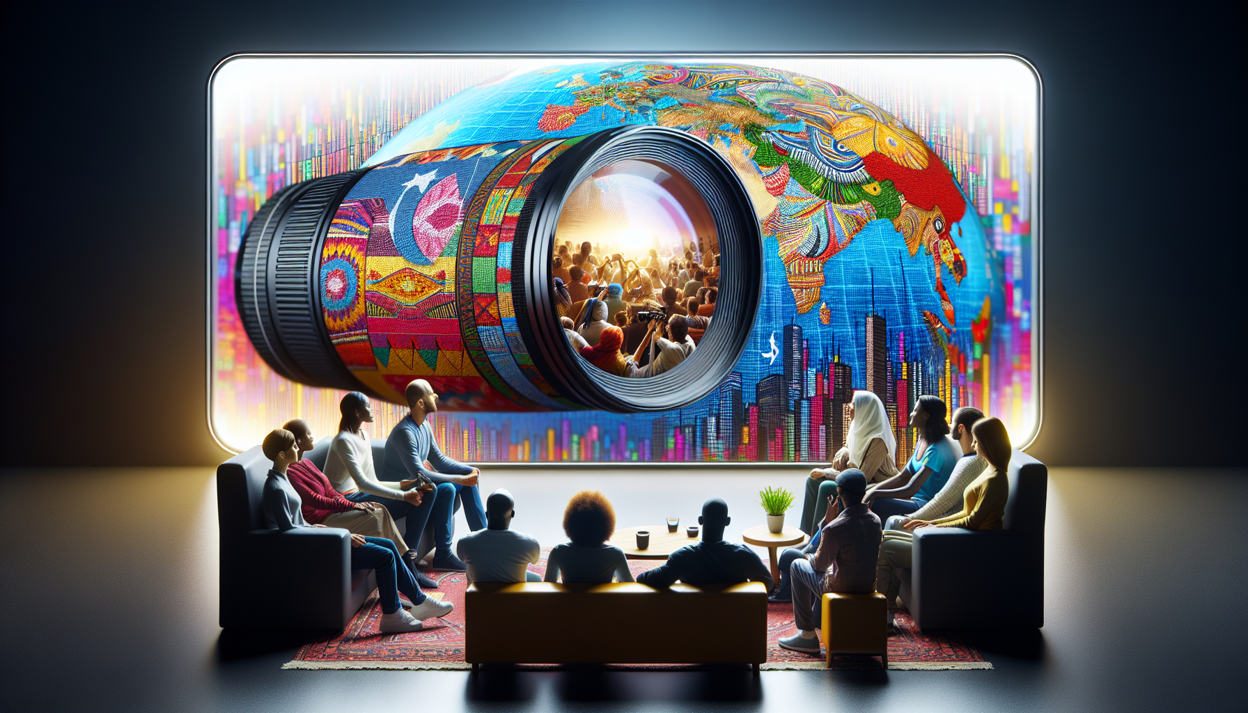 alt_text: Diverse people search for African diaspora IPTV channels on a vibrant, cozy screen.