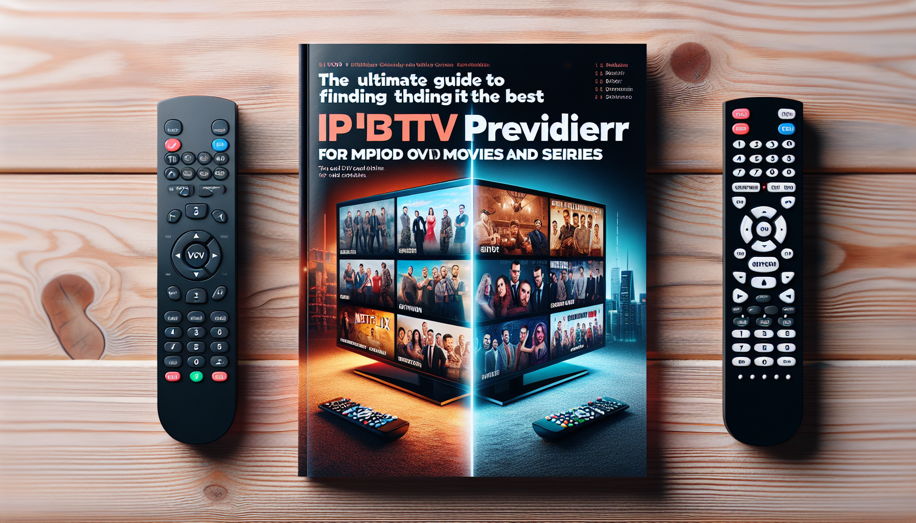A magazine cover comparing IPTV providers' VOD libraries with a split-screen TV and a remote.