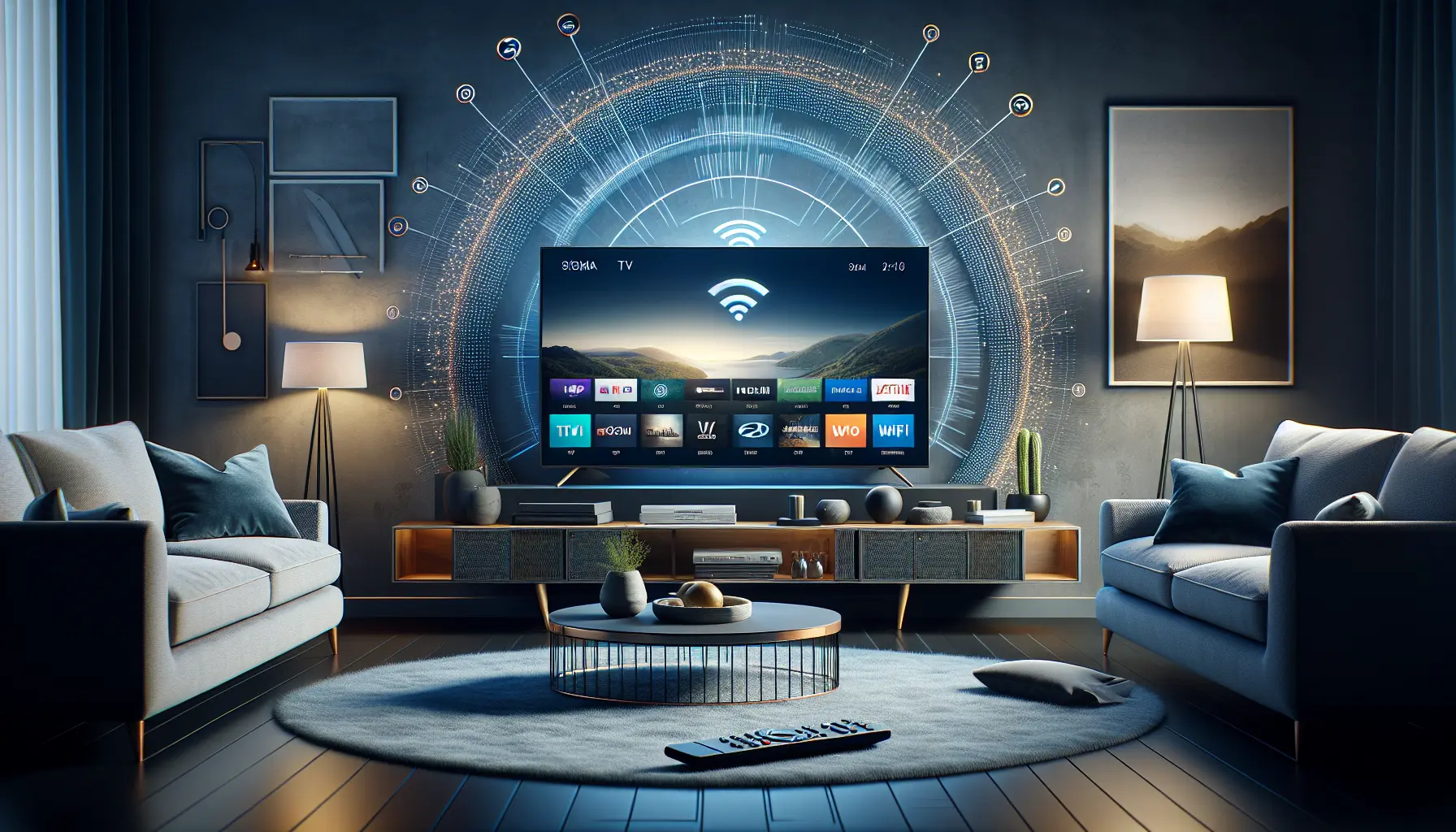 alt_text: Modern living room with a smart TV showing live TV channels, WiFi icons, and a remote.
