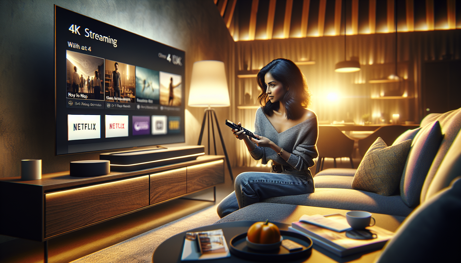Person compares 4K streaming services on a smart TV in a modern, cozy living room.