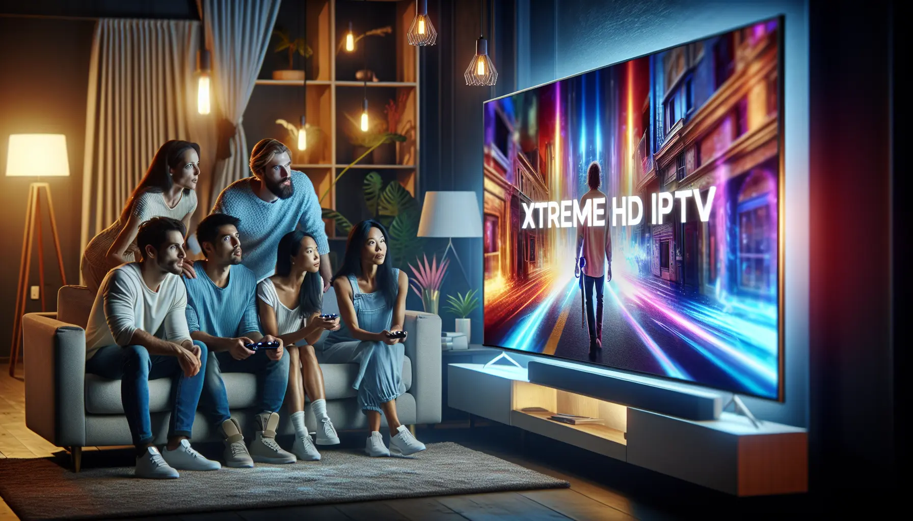 Diverse group watches Xtreme HD IPTV on a futuristic, vibrant smart TV in a modern living room.