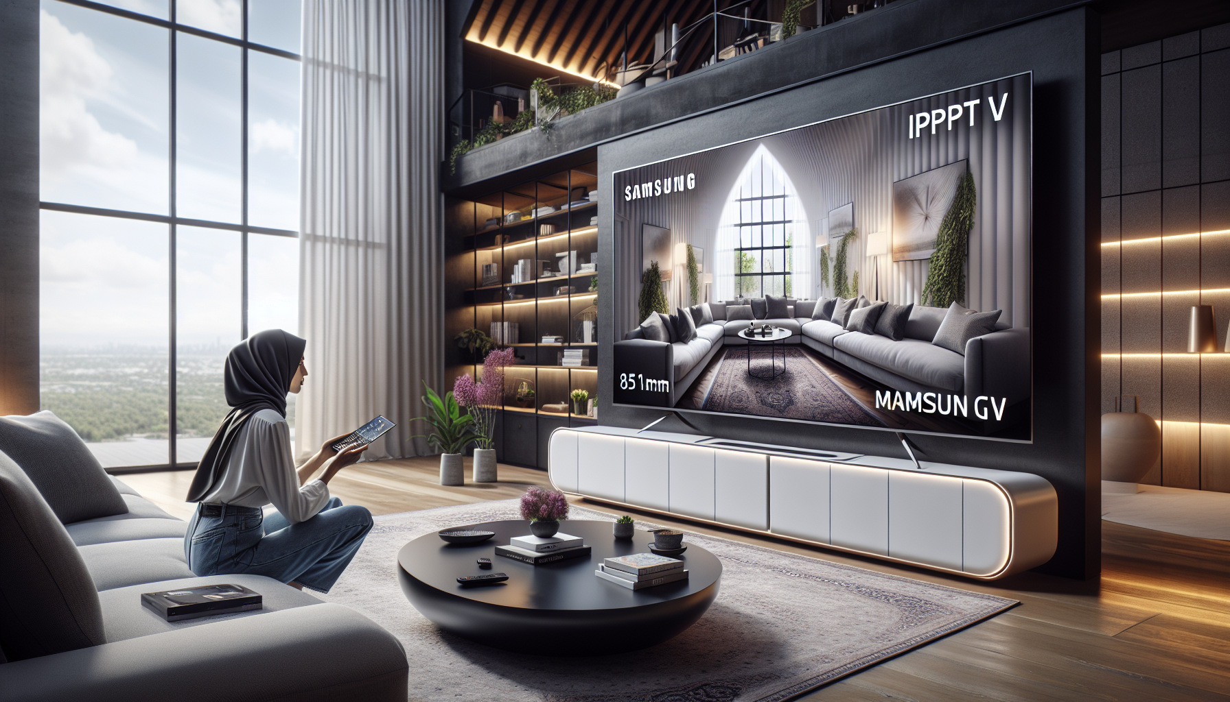 A person browsing IPTV options on a Samsung TV in a modern, inviting living room setup.