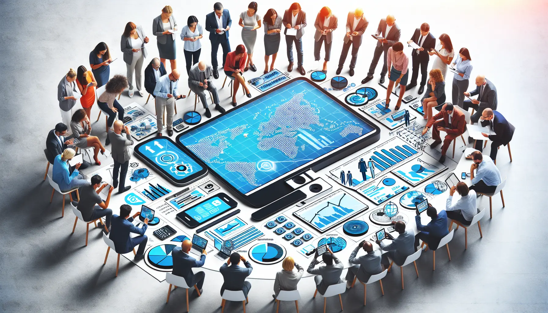 alt_text: Diverse people explore IPTV plans with charts and devices in a bright, modern display.