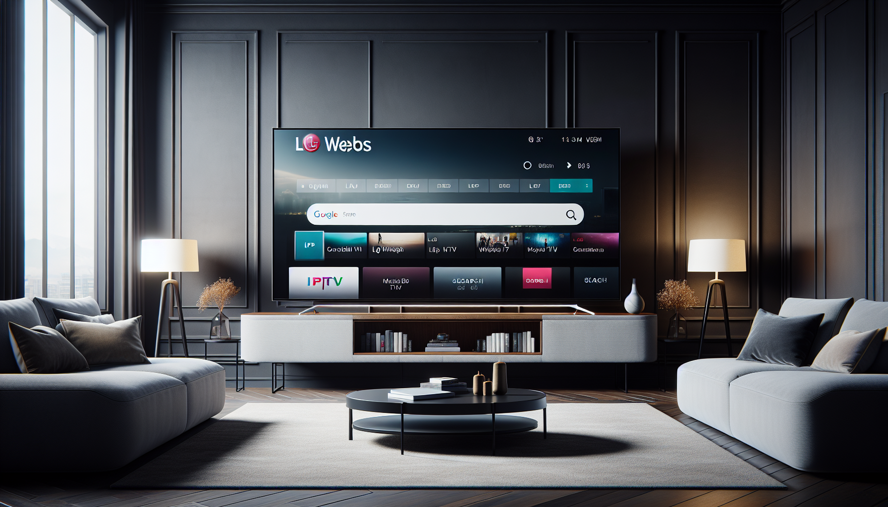 Living room with an LG webOS TV displaying IPTV search, creating a sleek, modern vibe.