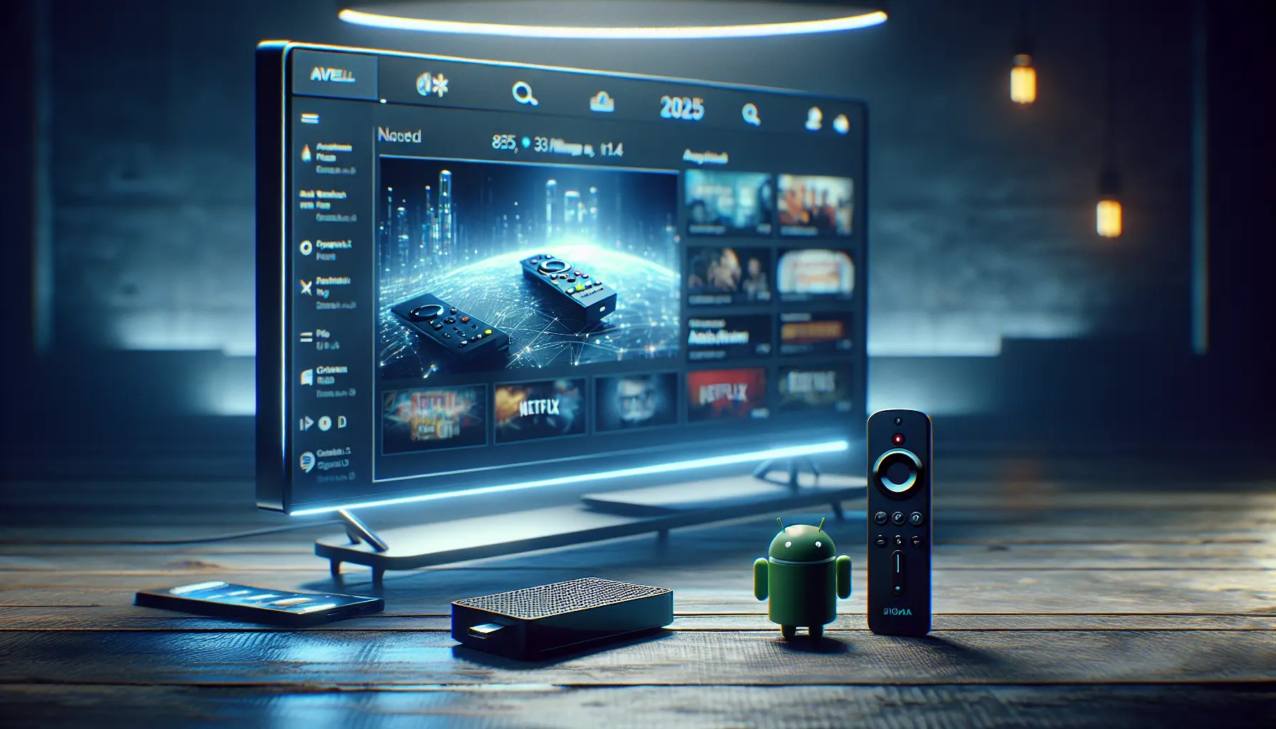 Modern TV setup with Firestick, Android device, streaming content, and sleek tech vibe.