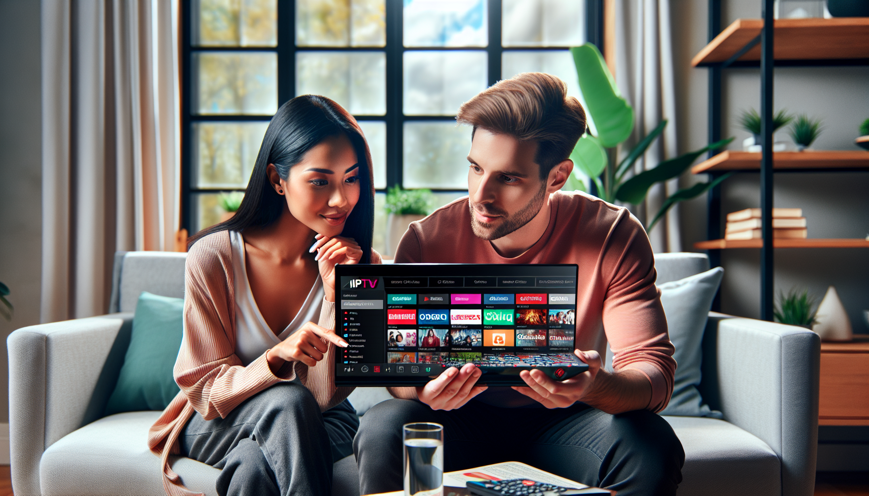 Diverse person compares IPTV plans on laptop for affordable streaming in 2024.