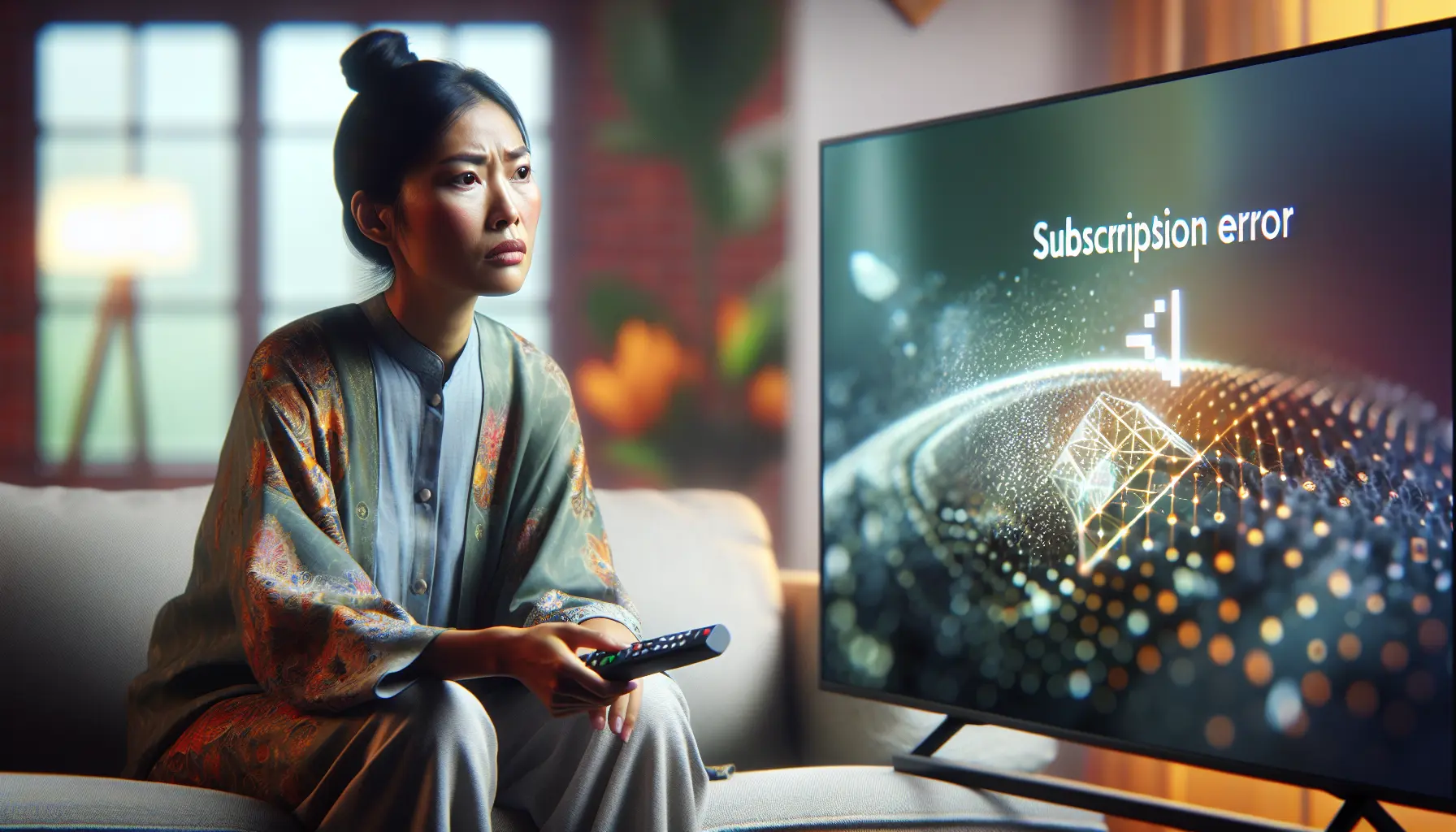 Frustrated user with a remote watches a subscription error on the smart TV screen.