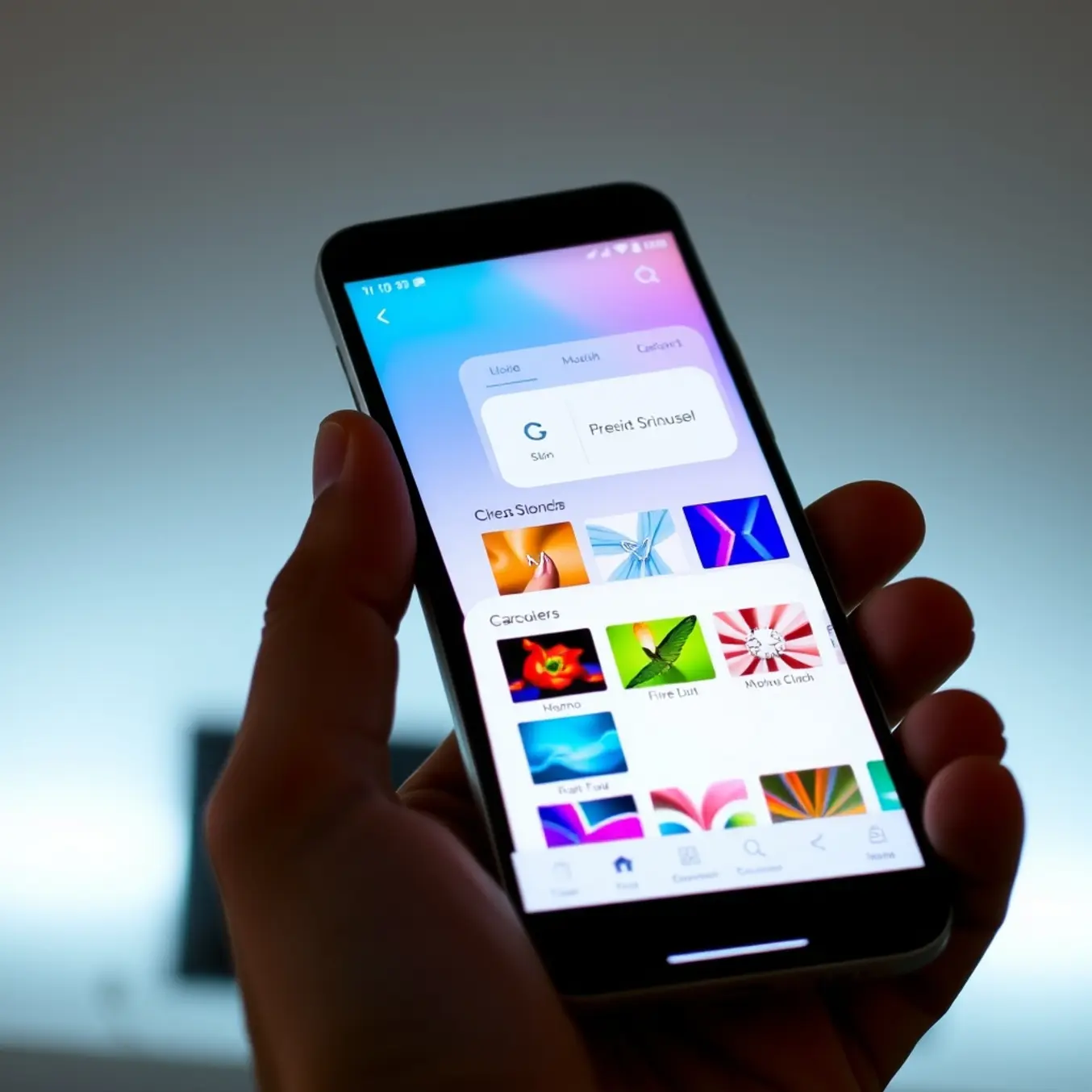 alt_text: A hand holding a smartphone showing a customizable IPTV app interface with multiple skin options in a preview carousel.