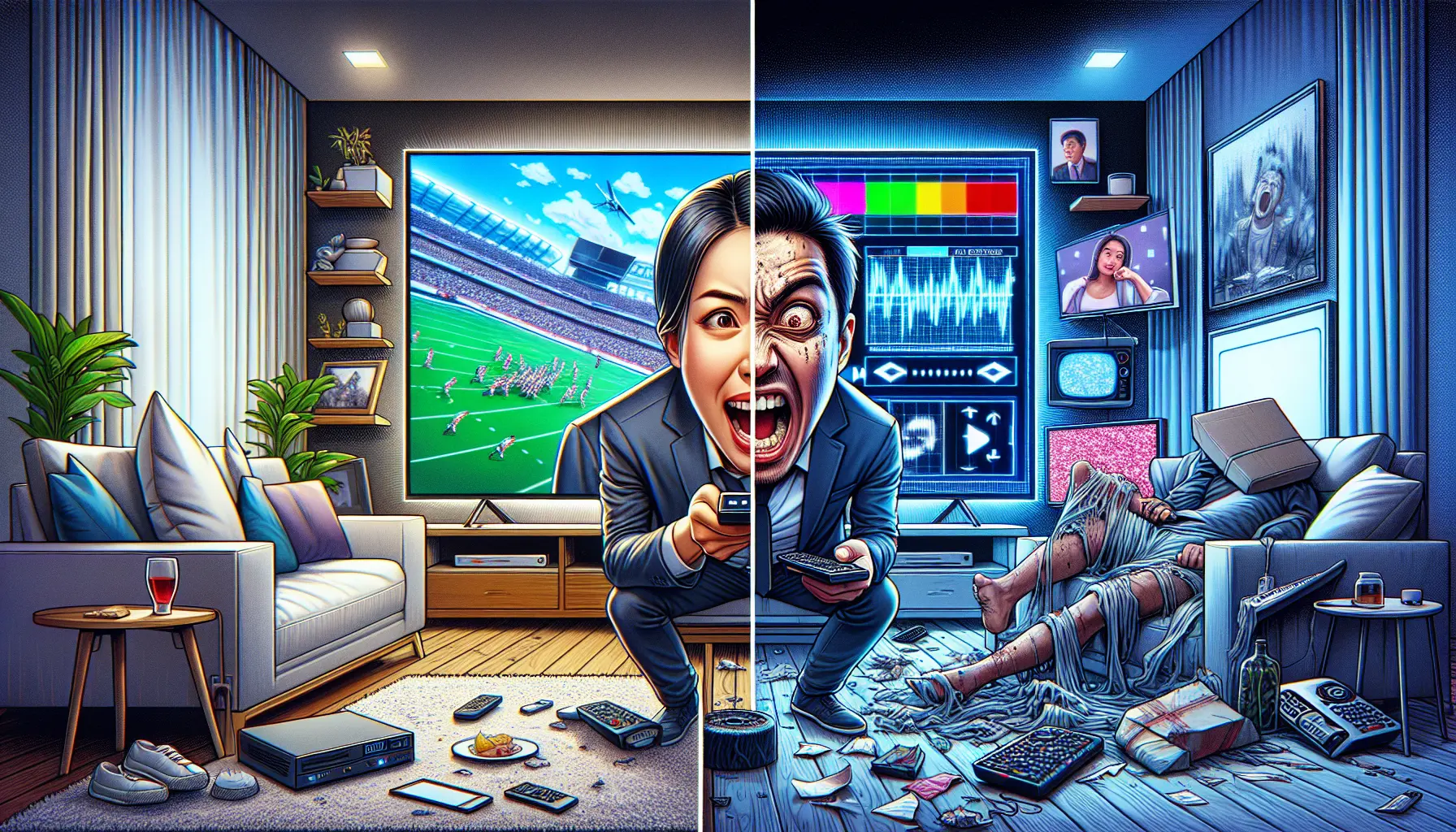 alt_text: A split-screen contrast: a happy viewer with a clear HD stream vs. a frustrated user with a buffering, glitchy screen.