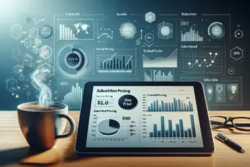 alt_text: A modern business dashboard on a tablet shows subscription and revenue growth, with a tiered pricing list visible nearby.