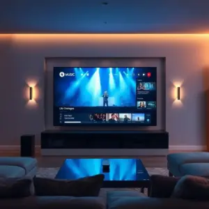 alt_text: A sleek, modern living room at night, featuring a large TV displaying a live concert, with warm ambient lighting.