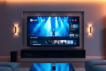 alt_text: A sleek, modern living room at night, featuring a large TV displaying a live concert, with warm ambient lighting.