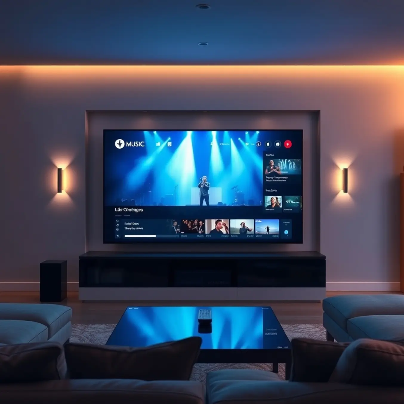 alt_text: A sleek, modern living room at night, featuring a large TV displaying a live concert, with warm ambient lighting.