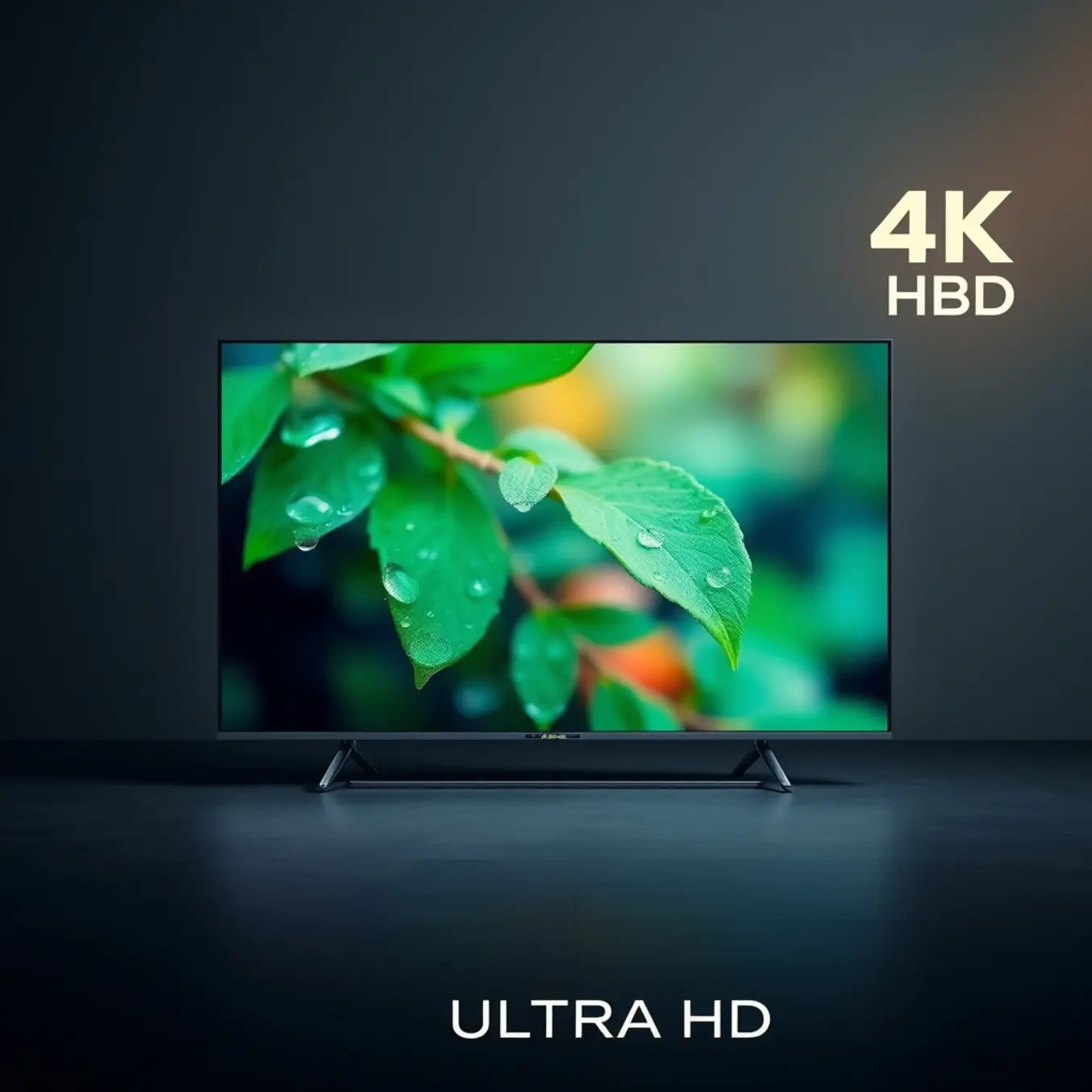 alt_text: A sleek TV displays a vibrant 4K nature documentary with water droplets on leaves in a dark studio.