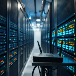 alt_text: Data streams from server racks are dynamically balanced by a load balancer and routed towards a modern home router.