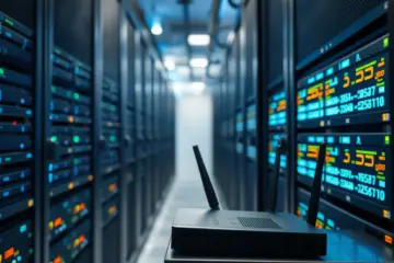 alt_text: Data streams from server racks are dynamically balanced by a load balancer and routed towards a modern home router.