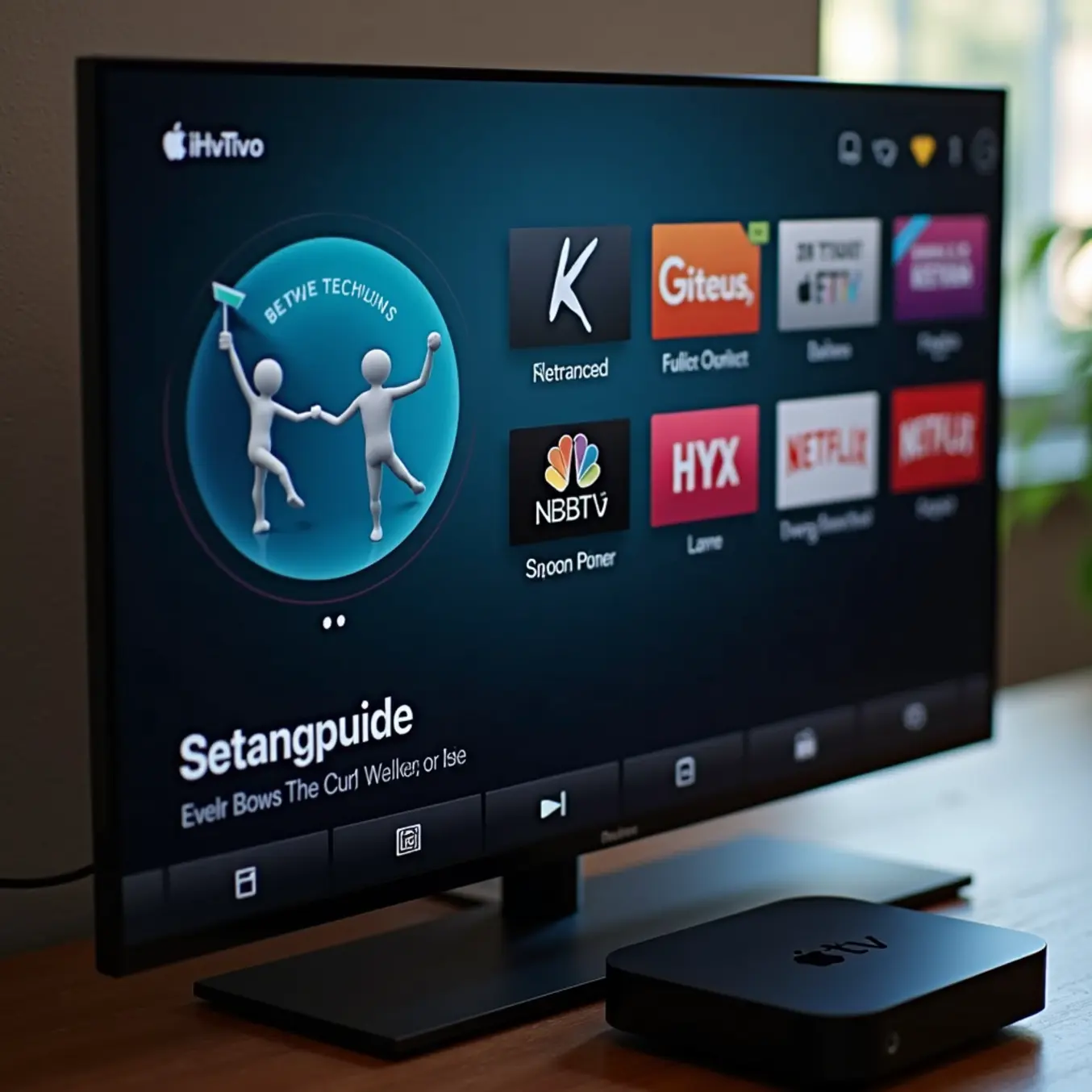 alt_text: An Apple TV on-screen setup guide for an IPTV app, shown in a clean, professional product photograph.