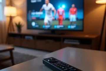 alt_text: A modern living room with a Fire TV Stick. The TV displays a live sports guide, with a remote on a minimalist table.