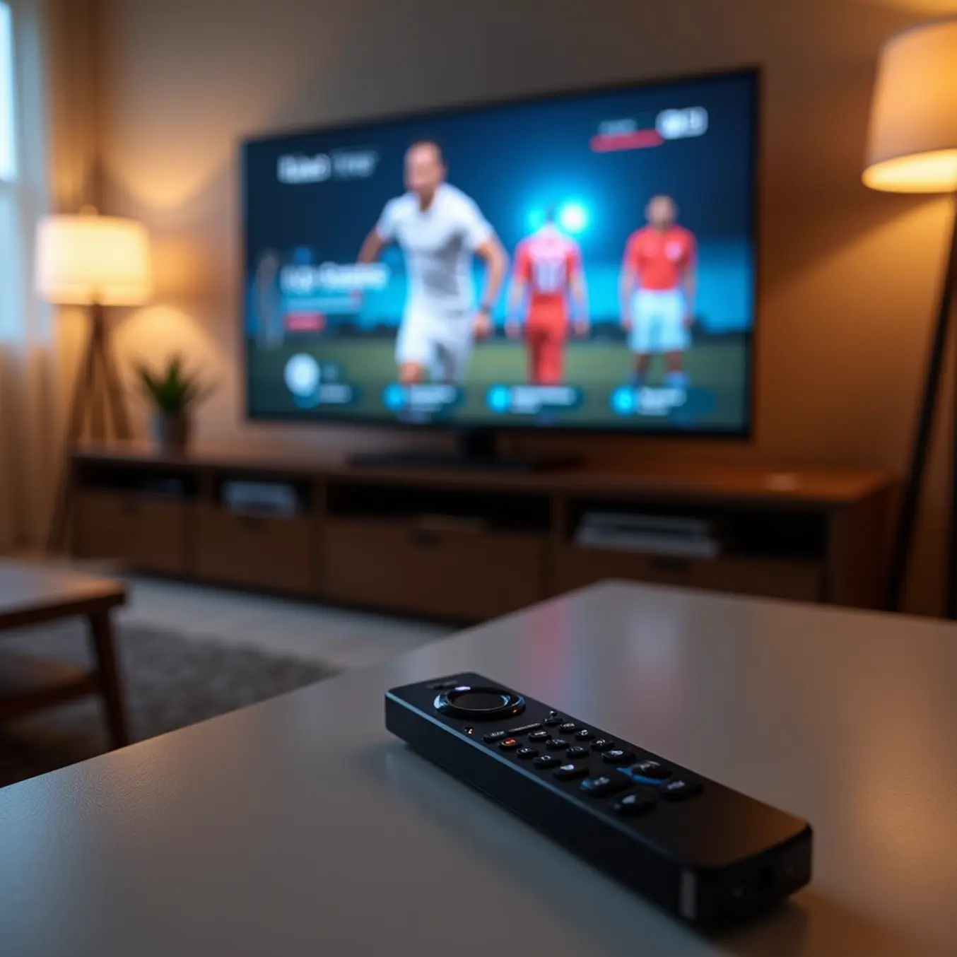 alt_text: A modern living room with a Fire TV Stick. The TV displays a live sports guide, with a remote on a minimalist table.