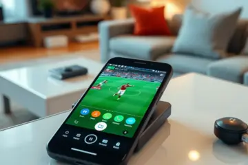 alt_text: A smartphone streaming a live HD sports game on an IPTV app, resting on a modern desk in a cozy living room.