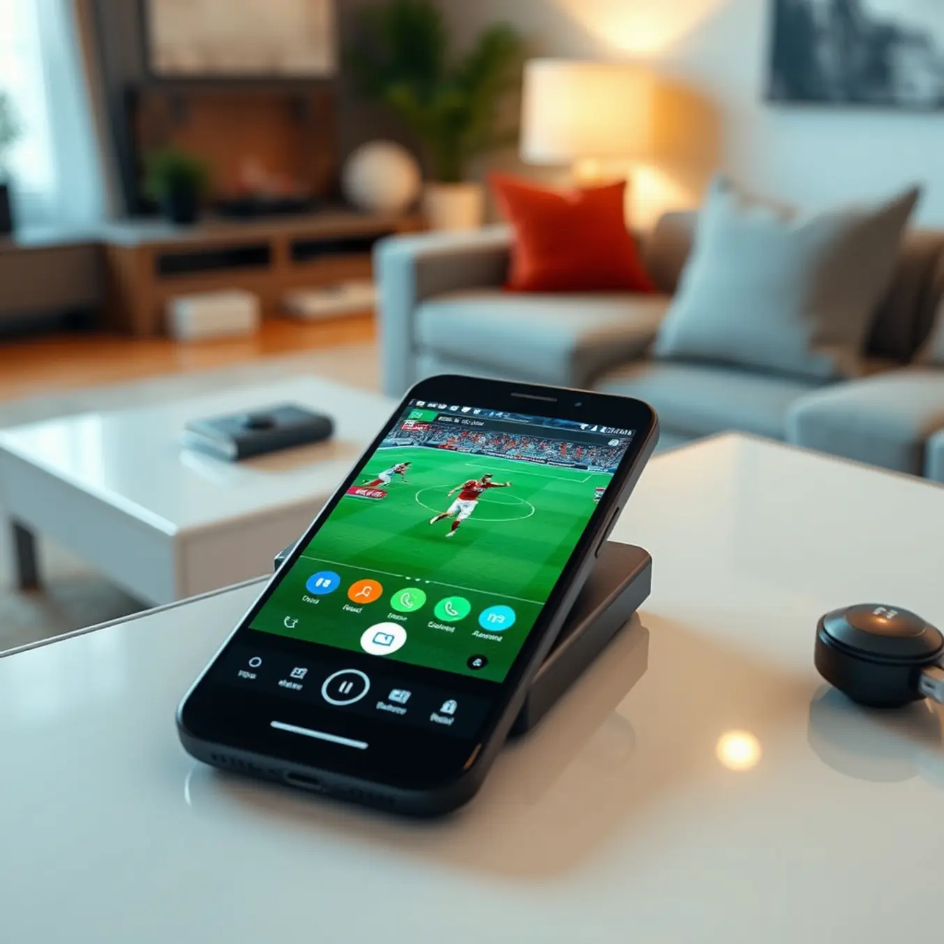 alt_text: A smartphone streaming a live HD sports game on an IPTV app, resting on a modern desk in a cozy living room.