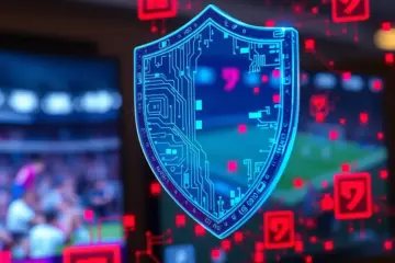 alt_text: A glowing blue digital shield protects a live sports stream, deflecting and disintegrating menacing red cyber-threats.