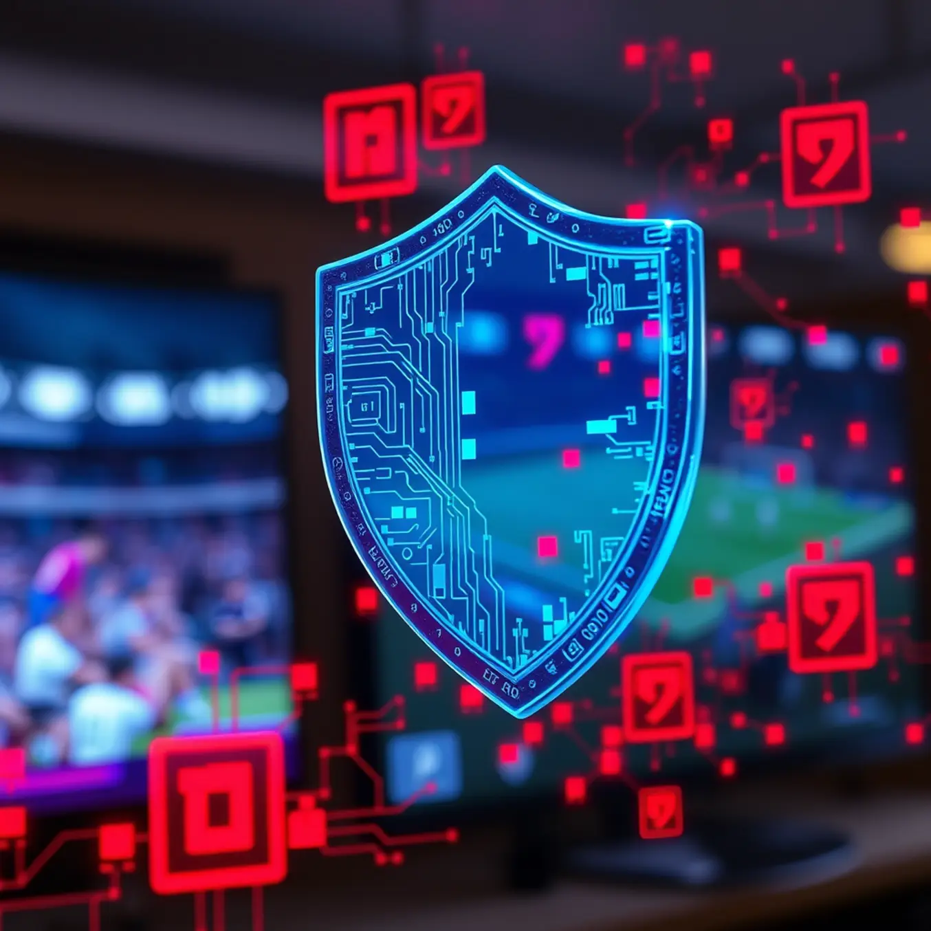 alt_text: A glowing blue digital shield protects a live sports stream, deflecting and disintegrating menacing red cyber-threats.