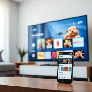 alt_text: A modern entertainment setup with a smart TV and smartphone showing a subscription dashboard in a clean, bright living room.