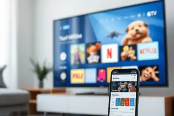 alt_text: A modern entertainment setup with a smart TV and smartphone showing a subscription dashboard in a clean, bright living room.