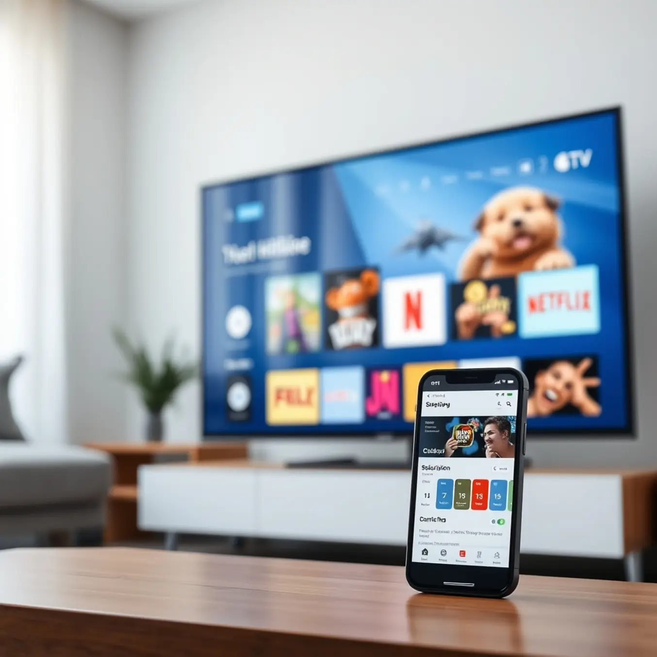alt_text: A modern entertainment setup with a smart TV and smartphone showing a subscription dashboard in a clean, bright living room.