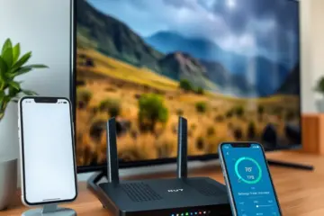 alt_text: A smart TV displays a crisp nature documentary, with a router and phone showing stable streaming and fast internet connection.