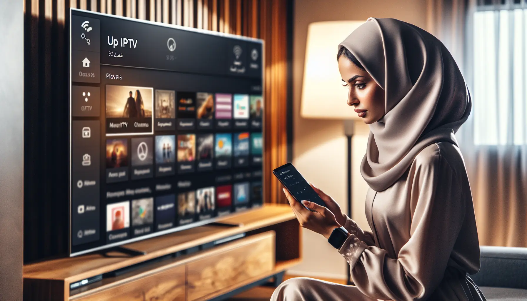 A person sets up IPTV on their smart TV, with playlists visible on TV and mobile devices.
