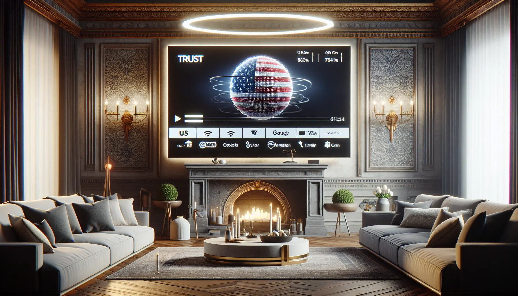 Alt_text: A sleek living room with a smart TV showing US channels, patriotic picks, and trust icons.
