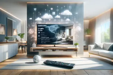 alt_text: Guide cover featuring Samsung Smart TV, remote, setup steps, and a bright, modern living room.