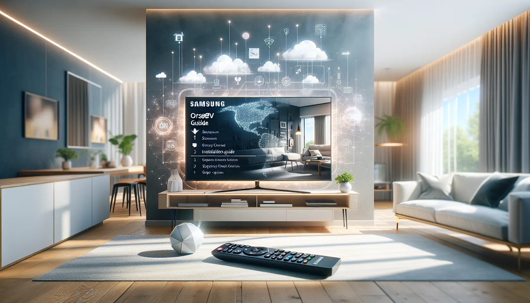 alt_text: Guide cover featuring Samsung Smart TV, remote, setup steps, and a bright, modern living room.