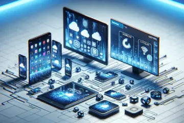 alt_text: Four devices displaying IPTV Smarters Pro, with setup icons on a blue and white tech background.