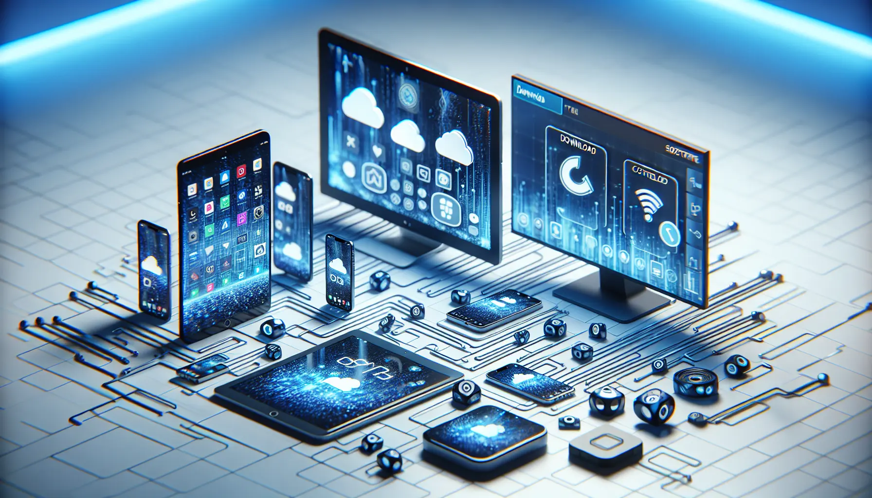 alt_text: Four devices displaying IPTV Smarters Pro, with setup icons on a blue and white tech background.