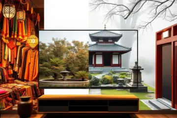 alt_text: A split-screen collage blending a vibrant Moroccan souk with a serene Japanese garden, viewed from a modern living room.