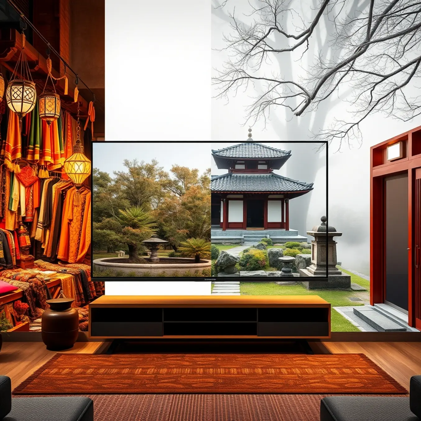 alt_text: A split-screen collage blending a vibrant Moroccan souk with a serene Japanese garden, viewed from a modern living room.