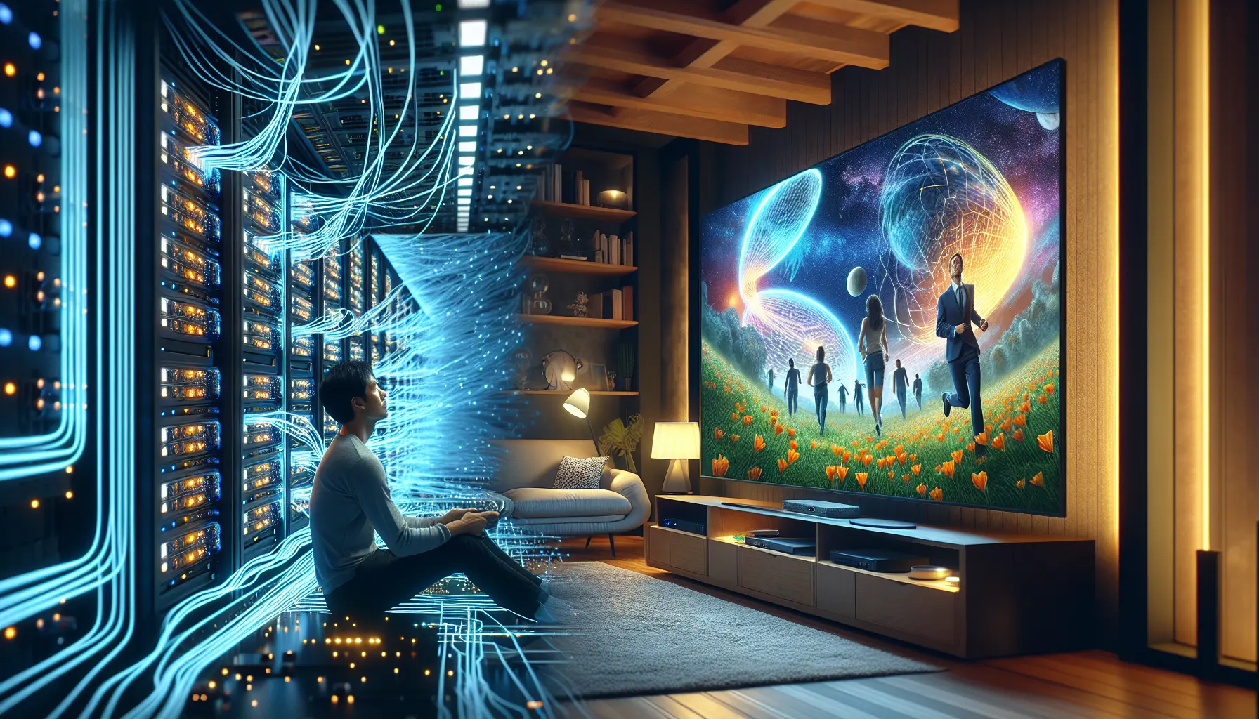 alt_text: The technical backend of IPTV servers powers a flawless, high-definition viewing experience in a modern living room.