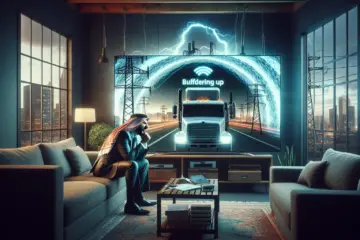 alt_text: A frustrated business owner watches their IPTV buffer, as the ominous glow of ISP infrastructure hints at throttling outside.