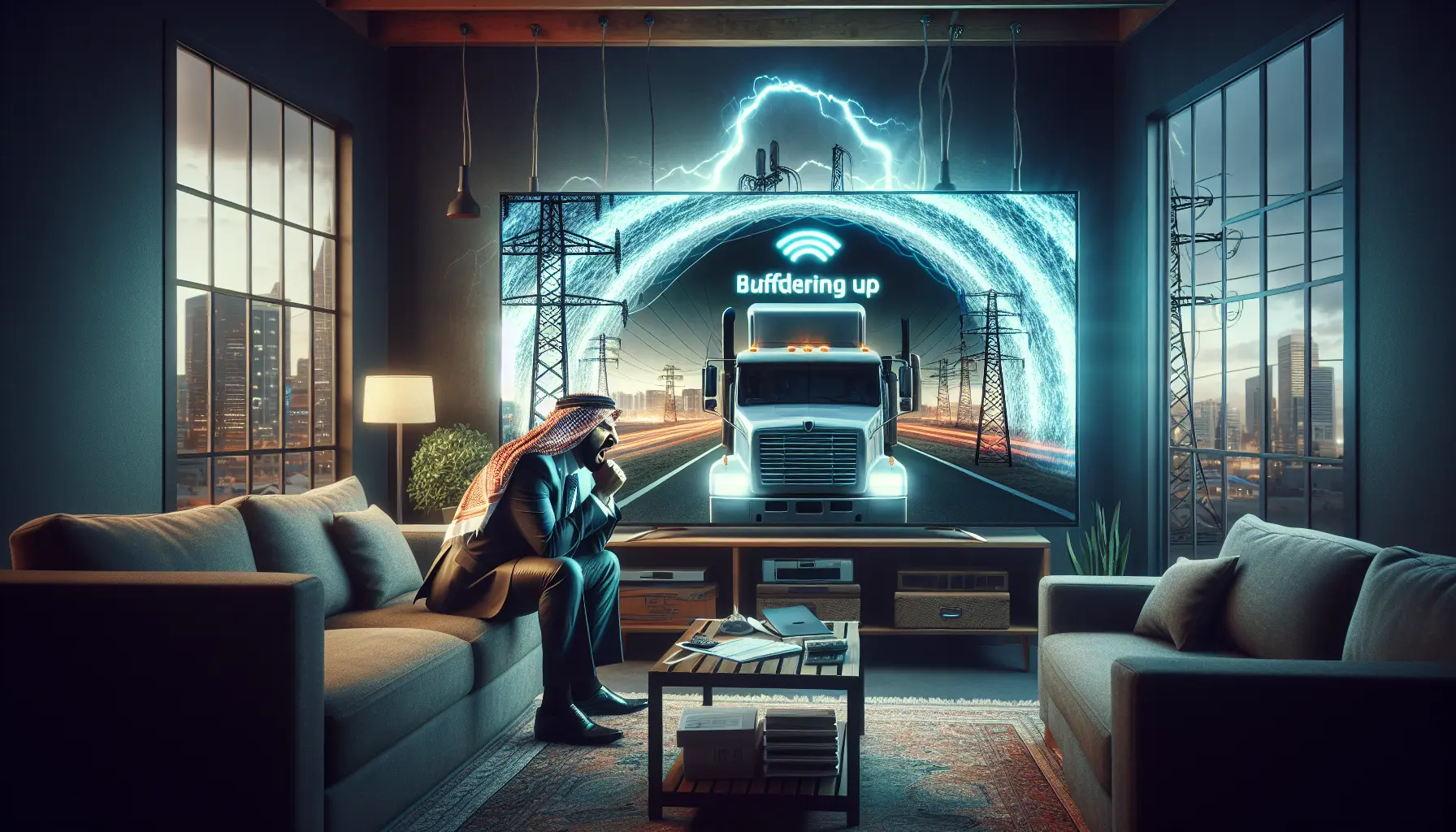 alt_text: A frustrated business owner watches their IPTV buffer, as the ominous glow of ISP infrastructure hints at throttling outside.