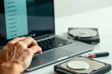 alt_text: A close-up of hands typing on a laptop showing an IPTV app, with a hard drive, USB, and notepad, illustrating data backup steps.