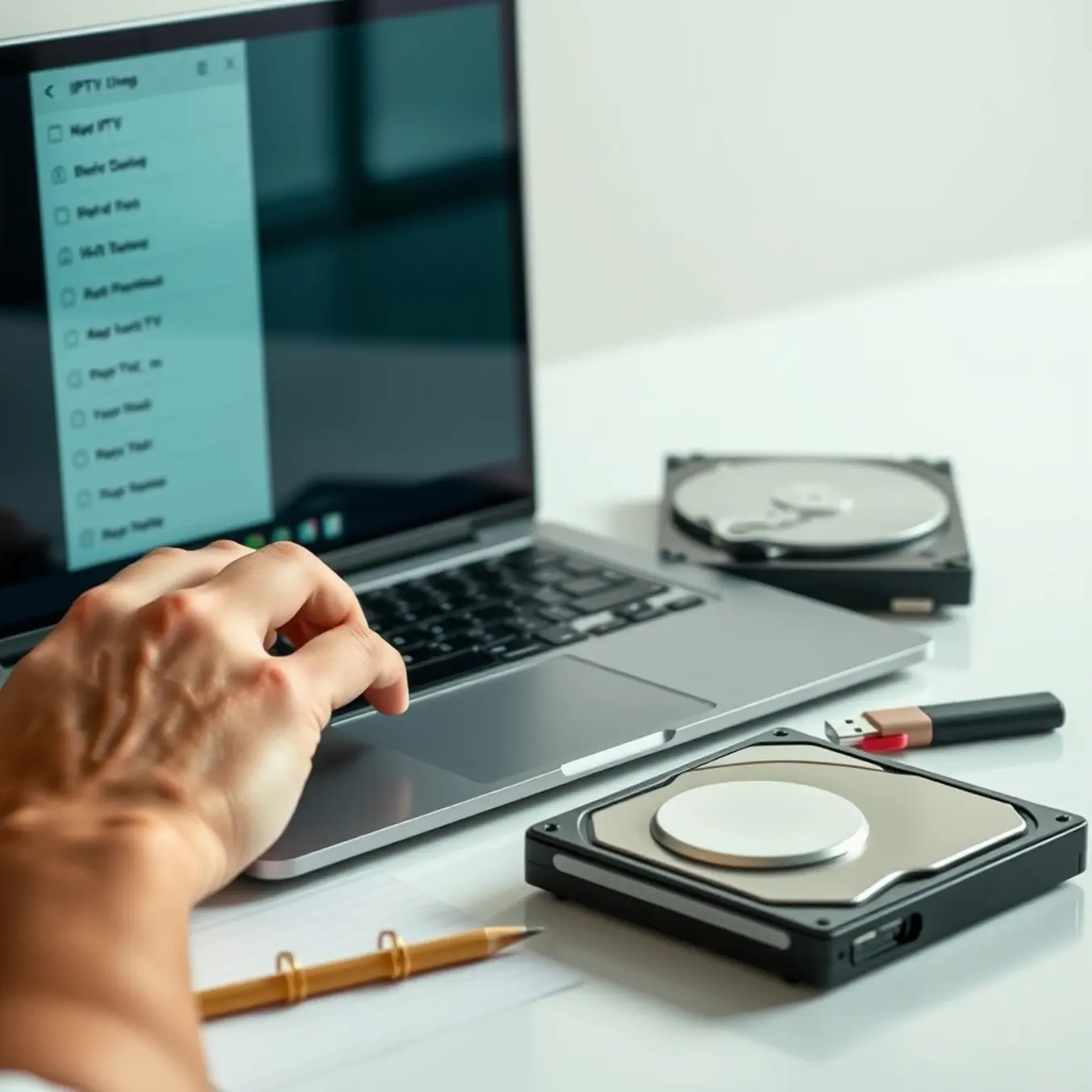 alt_text: A close-up of hands typing on a laptop showing an IPTV app, with a hard drive, USB, and notepad, illustrating data backup steps.
