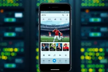 alt_text: A sleek smartphone displays a live sports stream on a dynamic IPTV app, with network equipment subtly visible in the background.