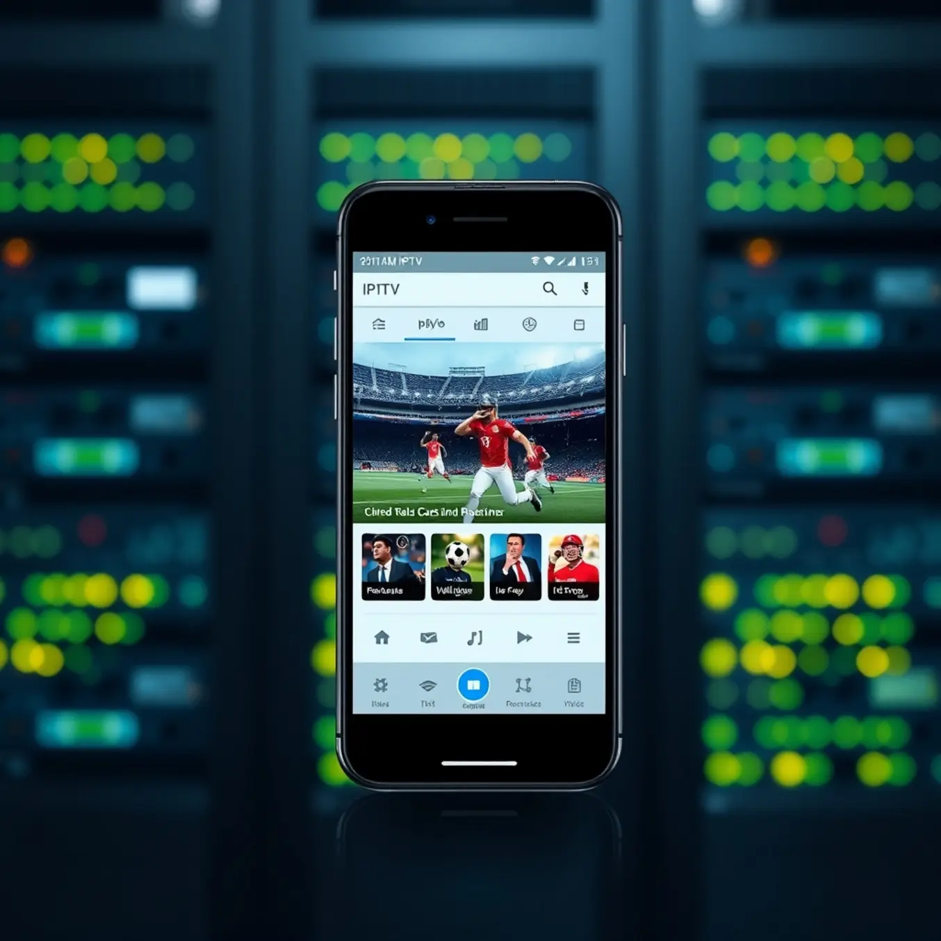 alt_text: A sleek smartphone displays a live sports stream on a dynamic IPTV app, with network equipment subtly visible in the background.