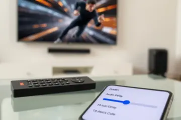 alt_text: A modern living room with a 4K TV. A remote and phone on a table show an audio delay setting being adjusted.