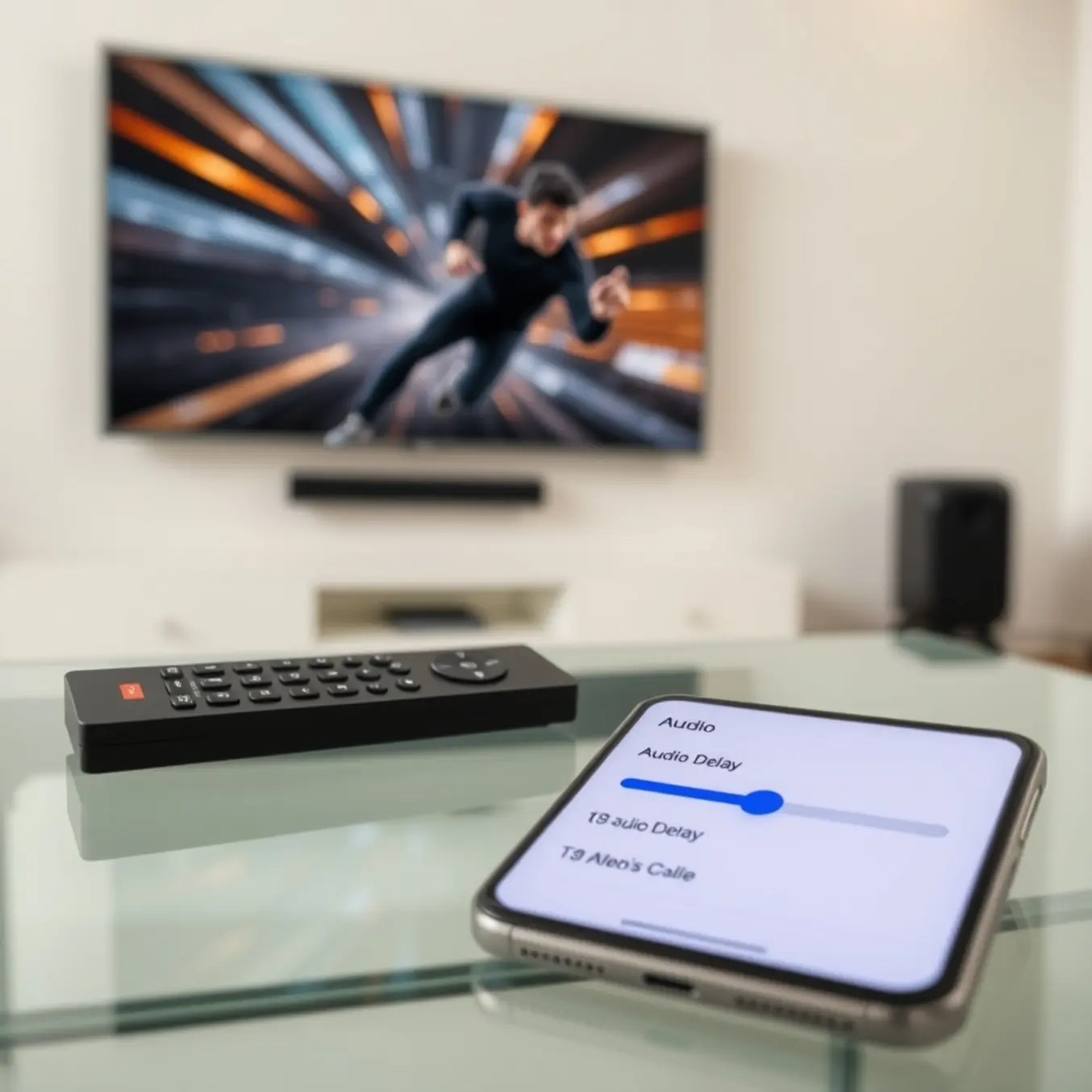 alt_text: A modern living room with a 4K TV. A remote and phone on a table show an audio delay setting being adjusted.